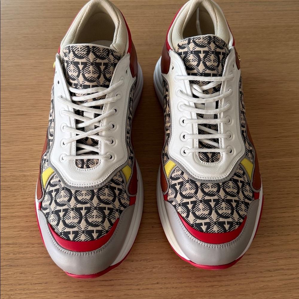 Ferragamo Designer Monogram Sneakers with Red and Yellow Accents